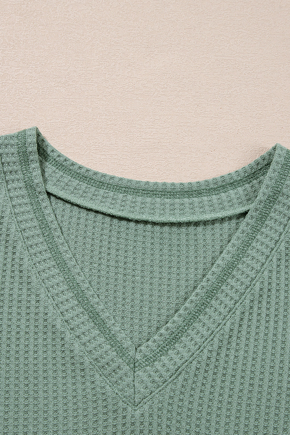 Green Solid Color Waffled V Neck Loose Tee Drawstring Shorts Set