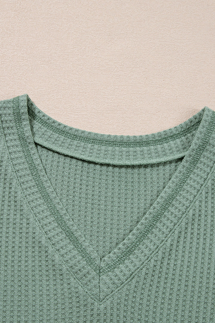 Green Solid Color Waffled V Neck Loose Tee Drawstring Shorts Set