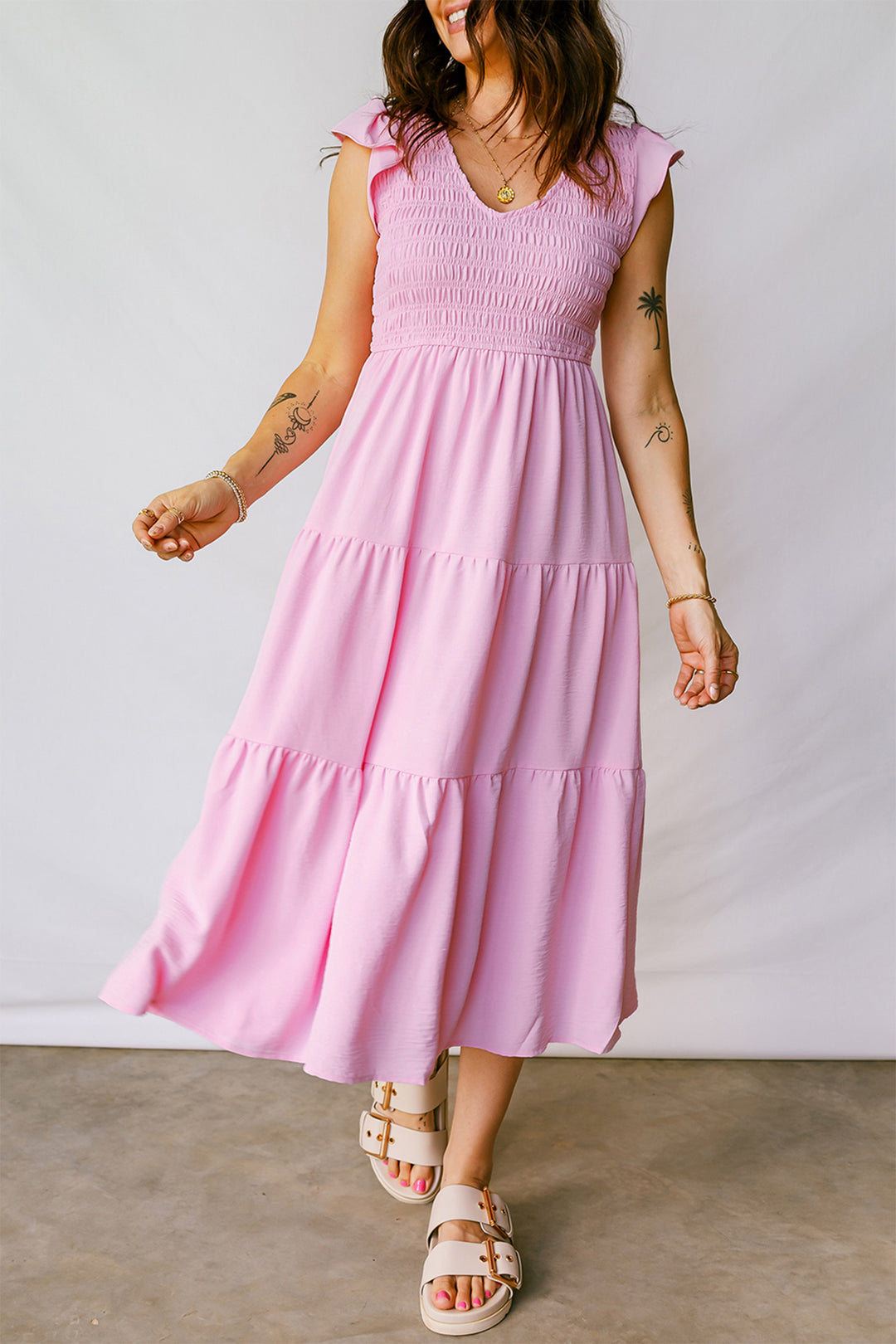 Smocked Bodice Flutter Sleeve Fit Flare Tiered Midi Dress