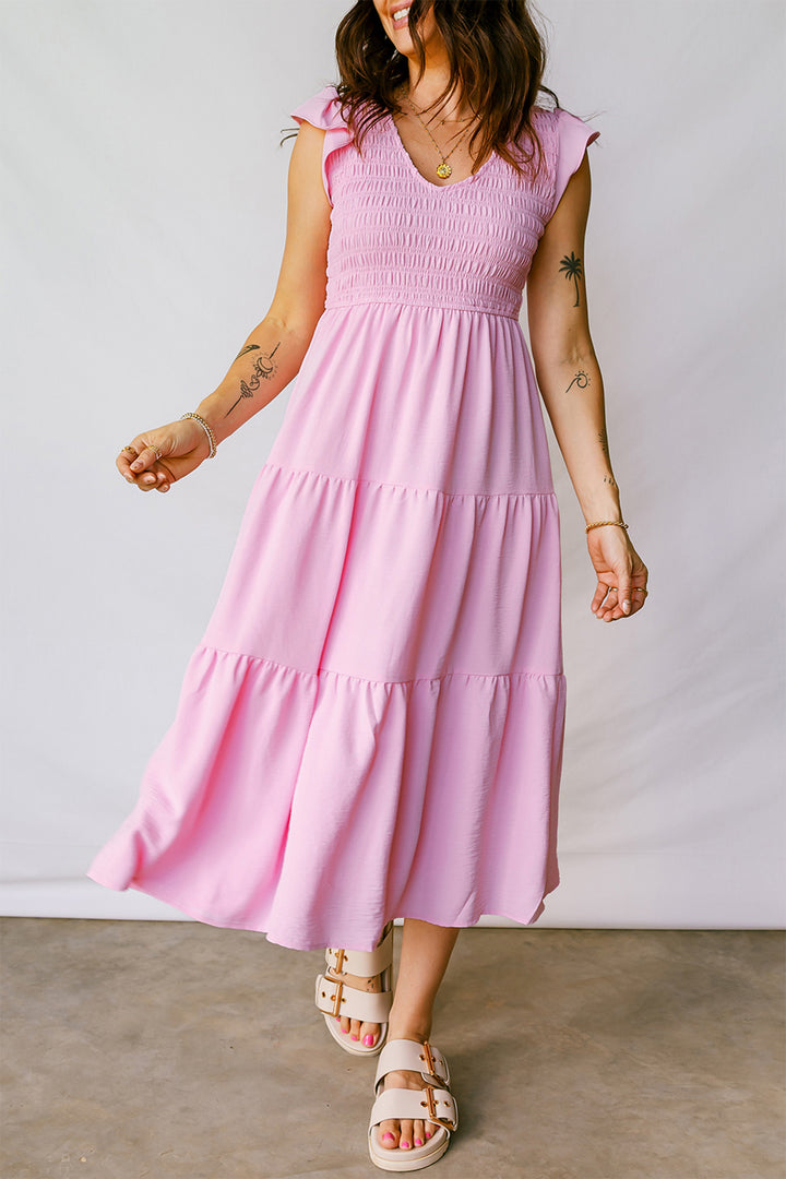 Smocked Bodice Flutter Sleeve Fit Flare Tiered Midi Dress