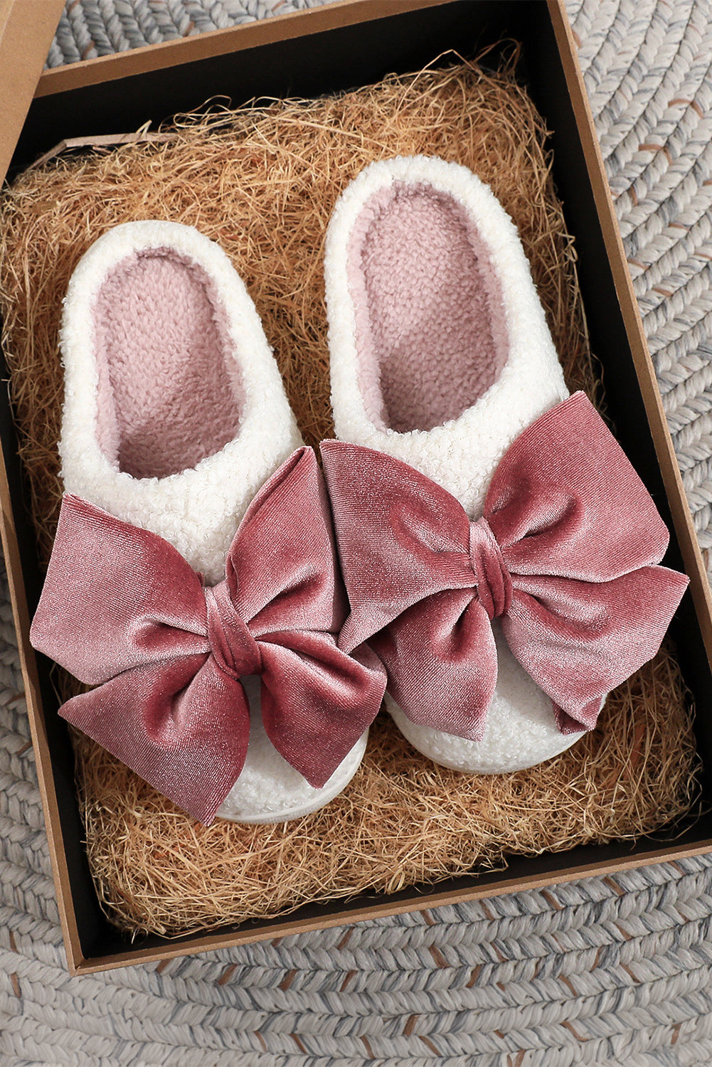 Glister Ribbon Bow Decor Contrast Liner Plush Slippers