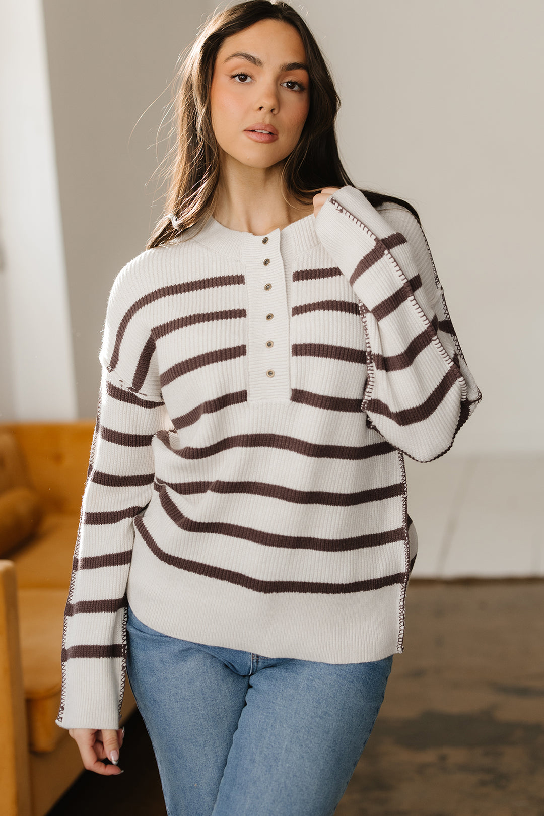Ribbed Henley Drop Shoulder Slouchy Sweater