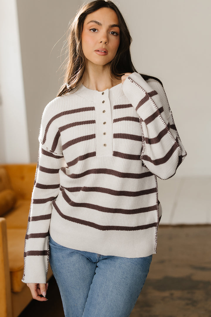 Ribbed Henley Drop Shoulder Slouchy Sweater