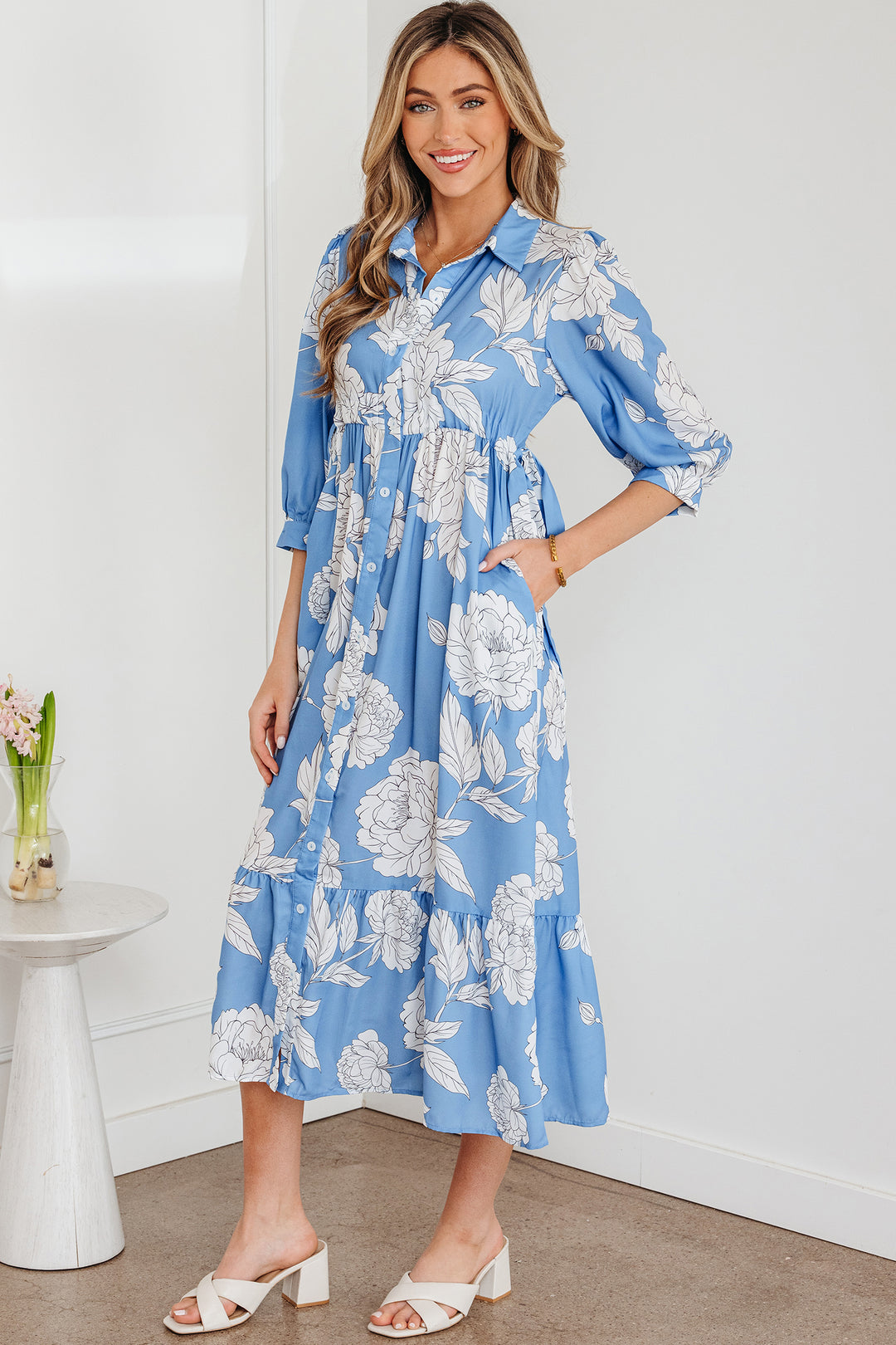 Sky Blue Floral Print Shirt Collar Button Down 3/4 Sleeve Ruffle Hem Long Dress