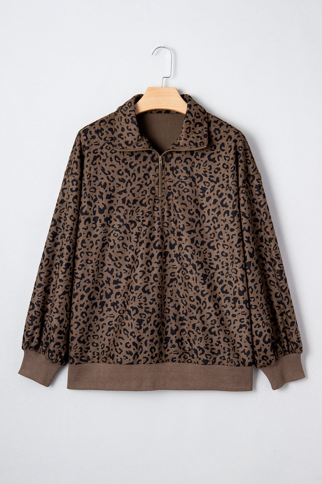 Leopard Print Quarter Zip Corduroy Sweatshirt
