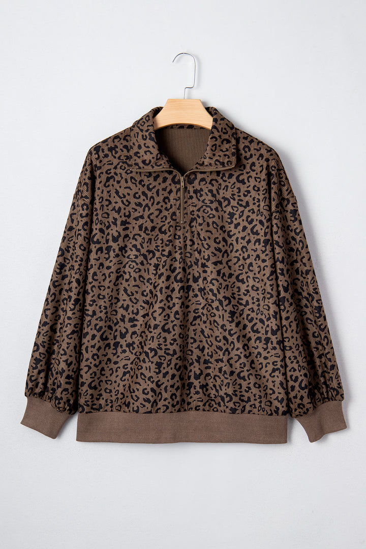 Leopard Print Quarter Zip Corduroy Sweatshirt