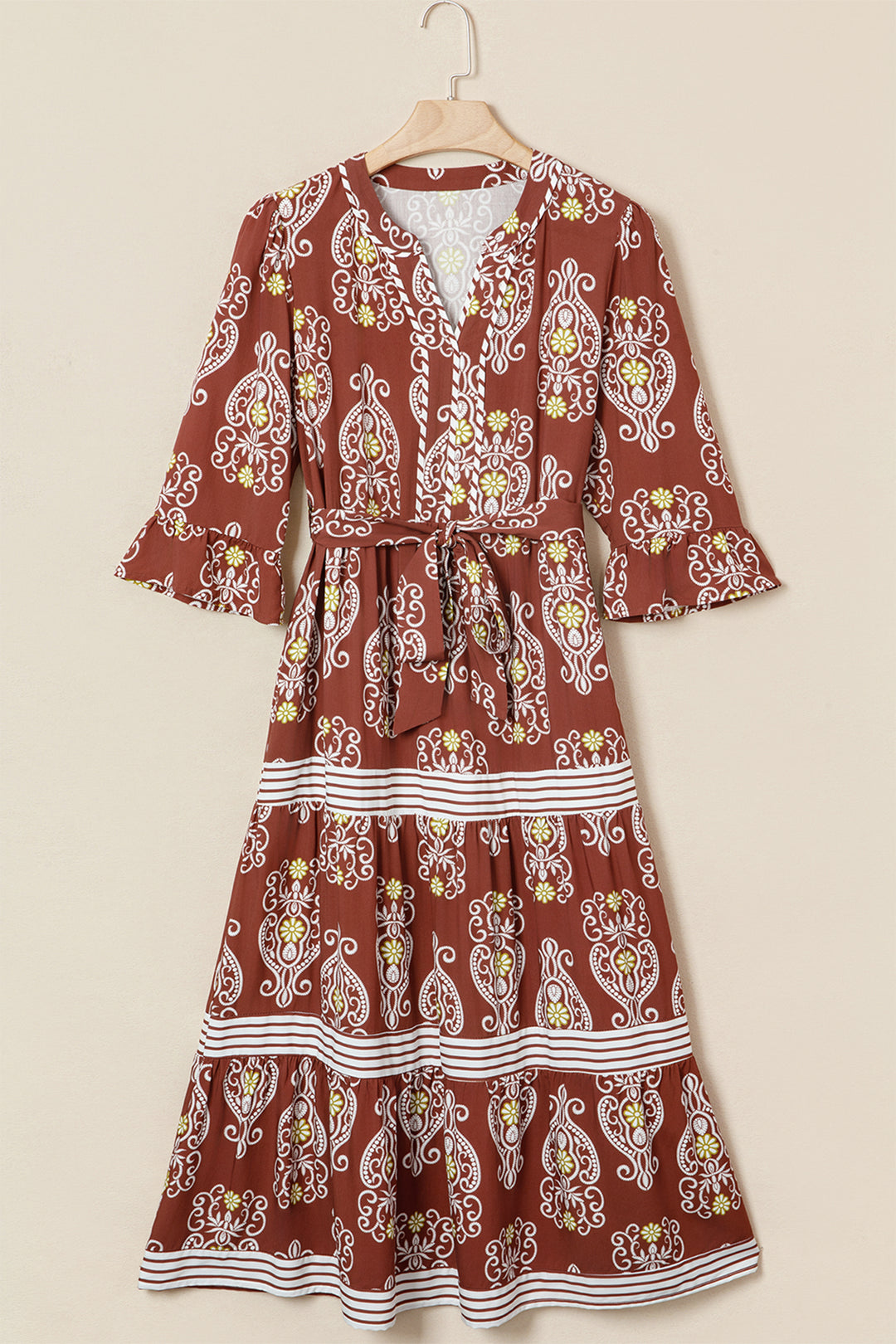 Floral Print Belted Striped Trim Tiered Maxi Dress