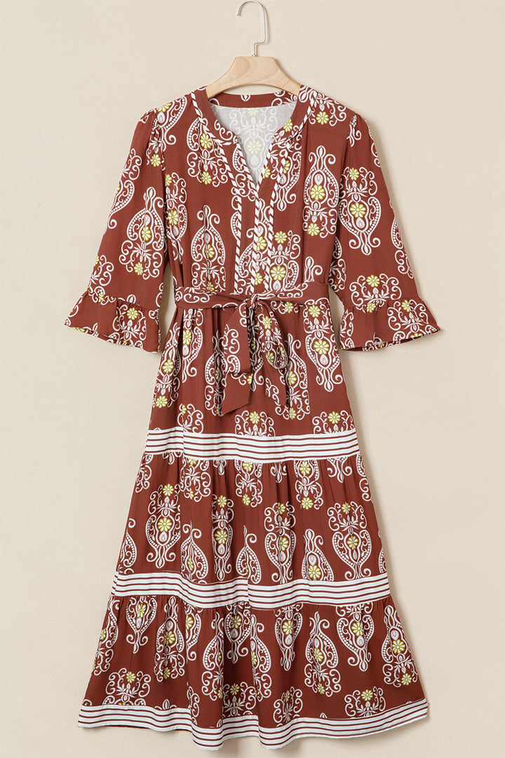 Floral Print Belted Striped Trim Tiered Maxi Dress