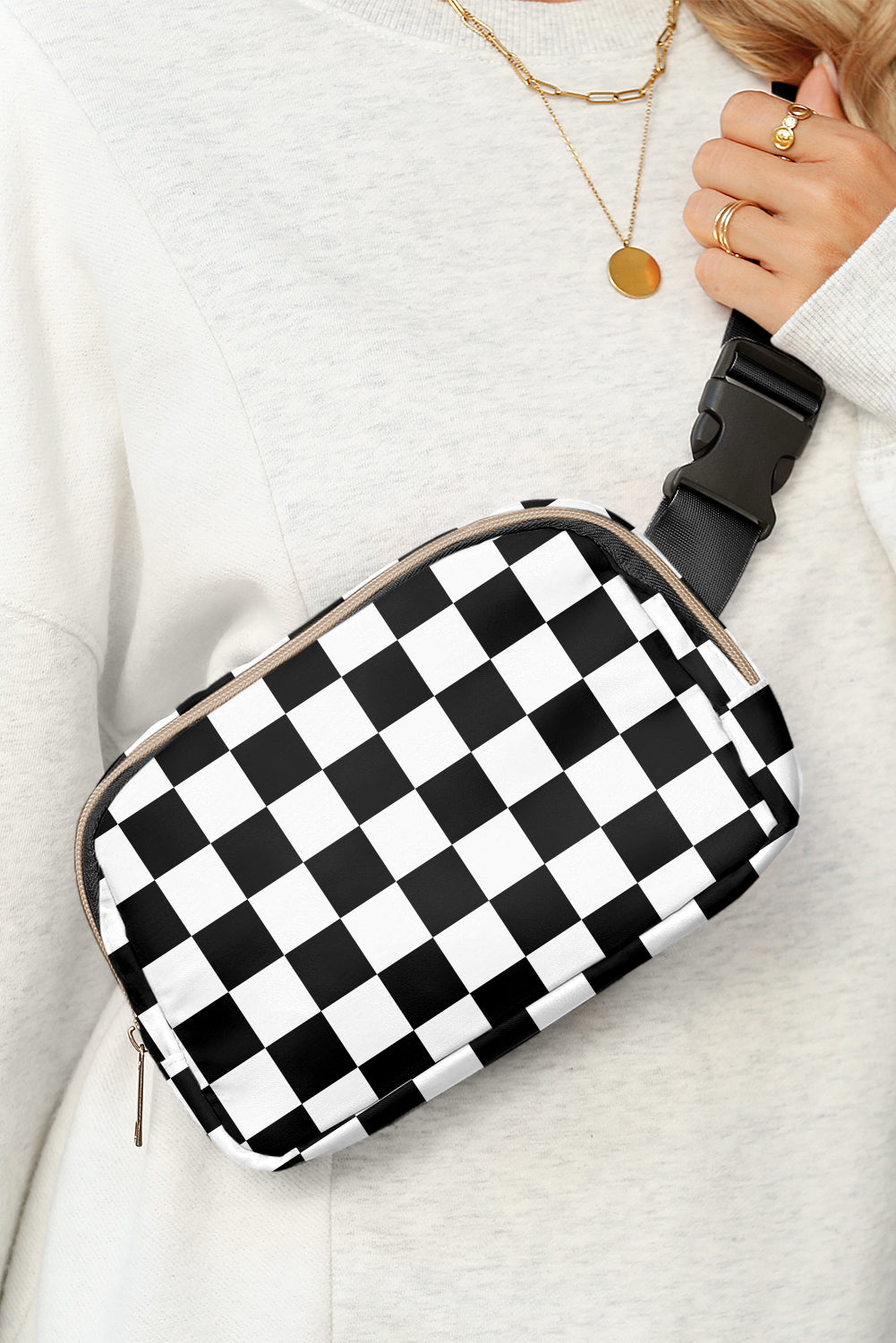 Checkered Print Buckle Wide Belt Crossbody Bag