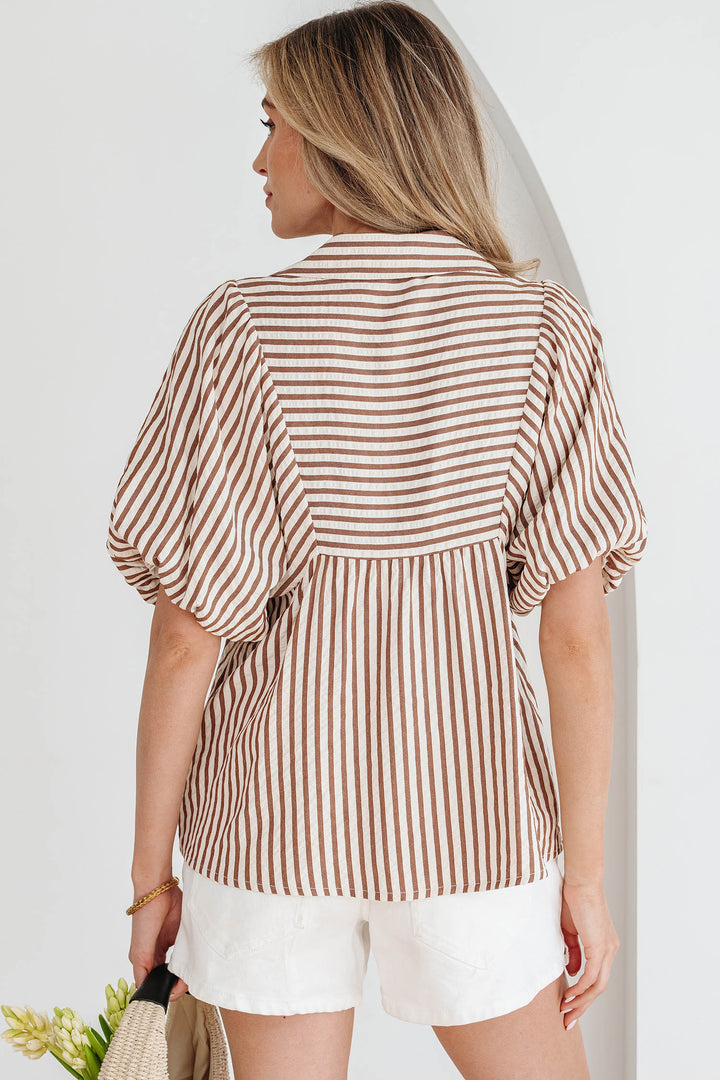 Shirred V Neck Short Puff Sleeve Blouse