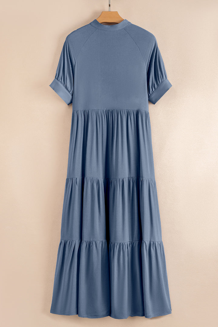 Robe longue évasée à volants et manches courtes, boutons cachés