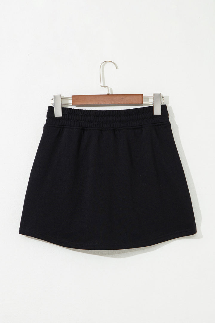 Black French Terry Drawstring Elastic Waistband Mini Skort