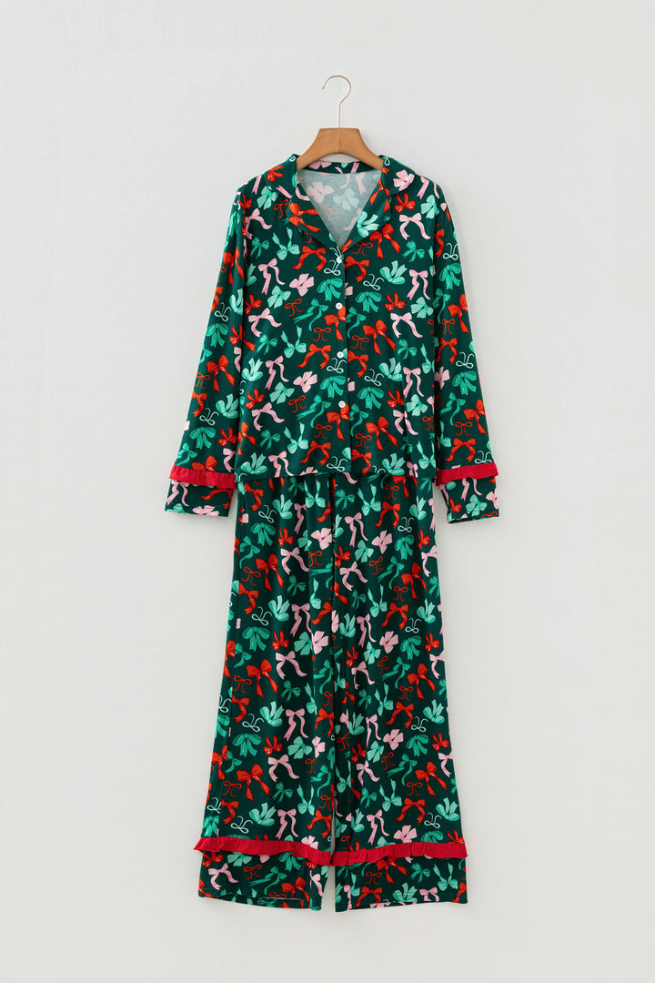 Green Festive Bow Print 2pcs Pajama Pant Set