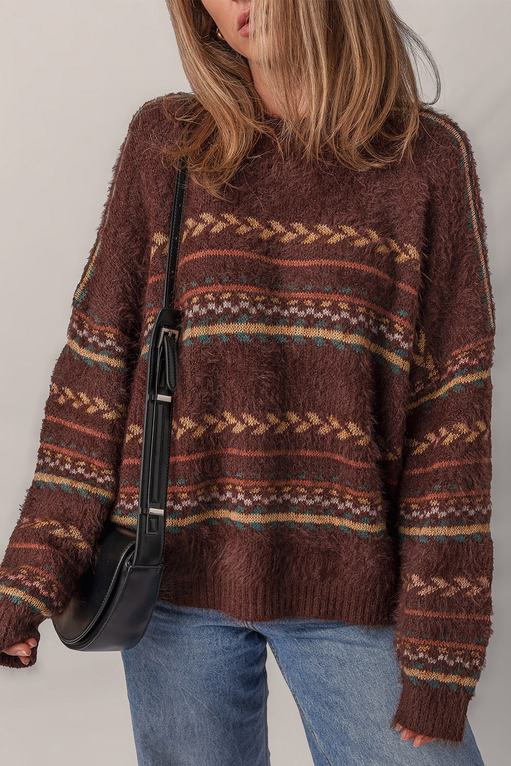 Ethnic Pattern Mohair Knitted Drop Shoulder Sweater