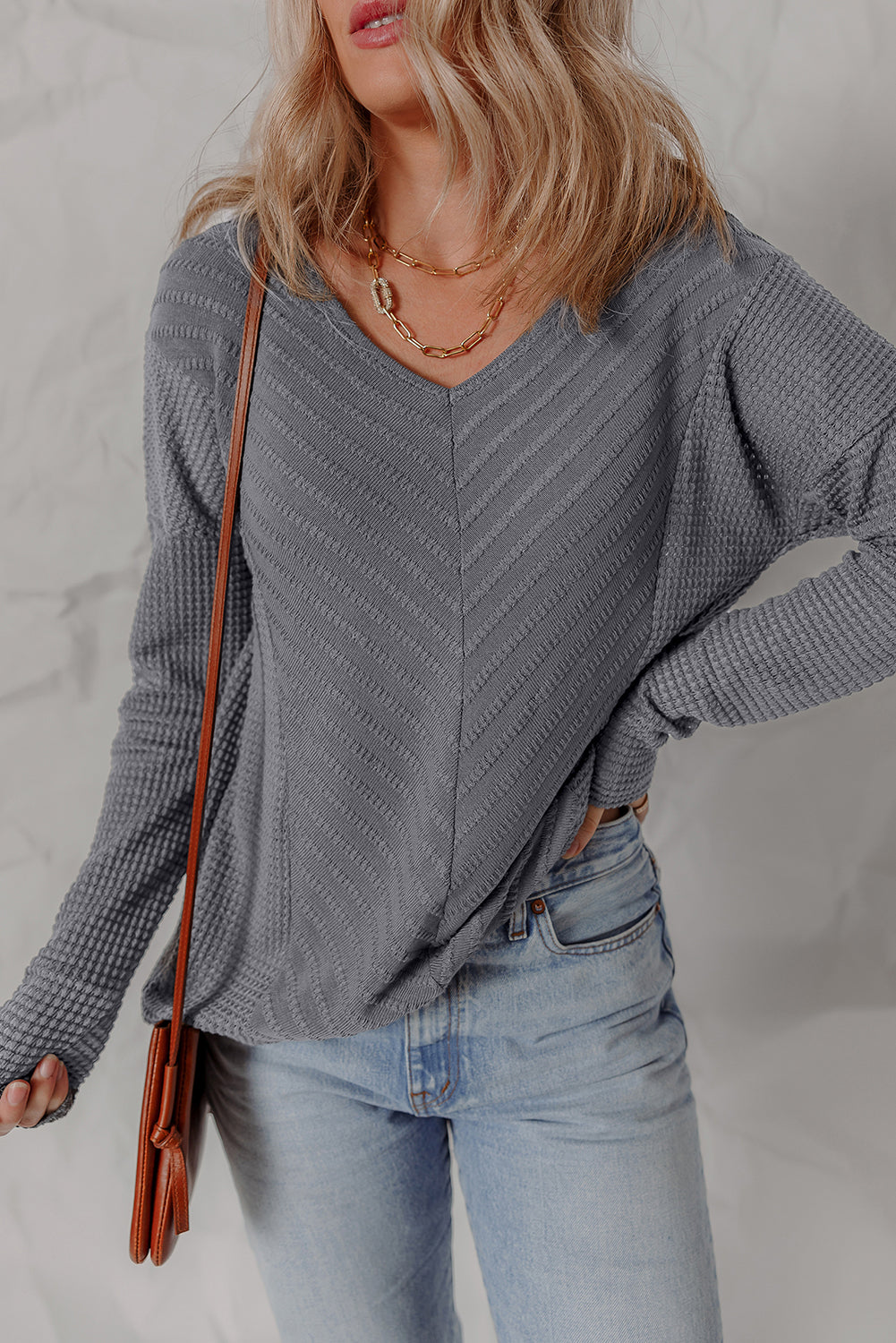 V Neck Chevron Texture Patchwork Long Sleeve Knit Top
