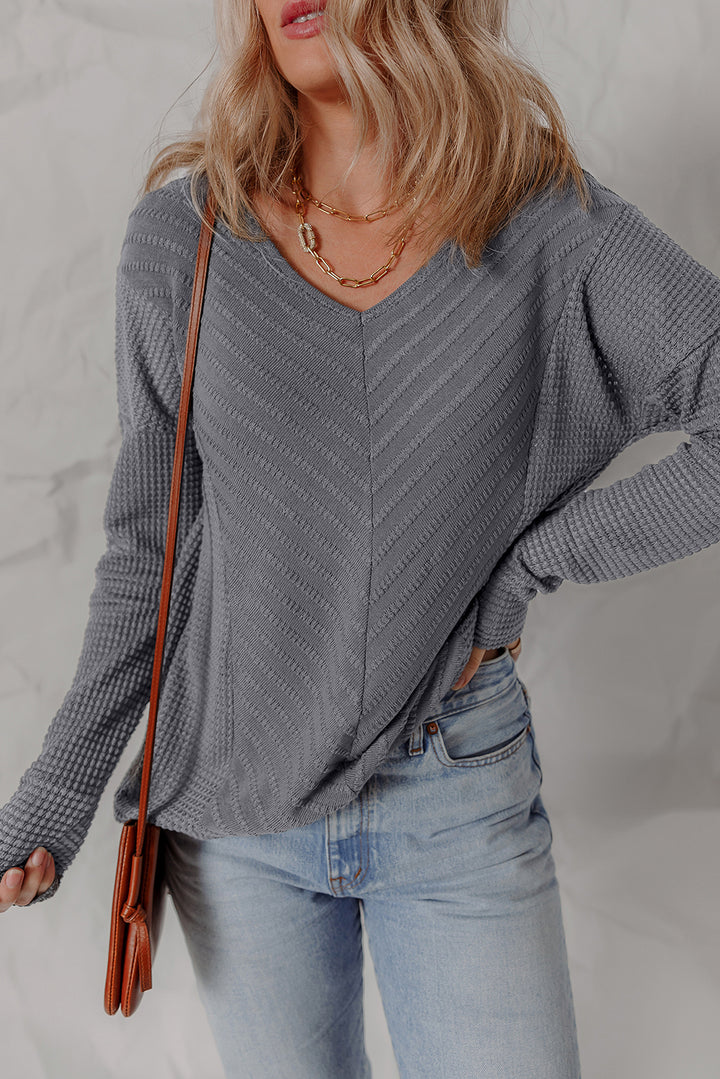 V Neck Chevron Texture Patchwork Long Sleeve Knit Top