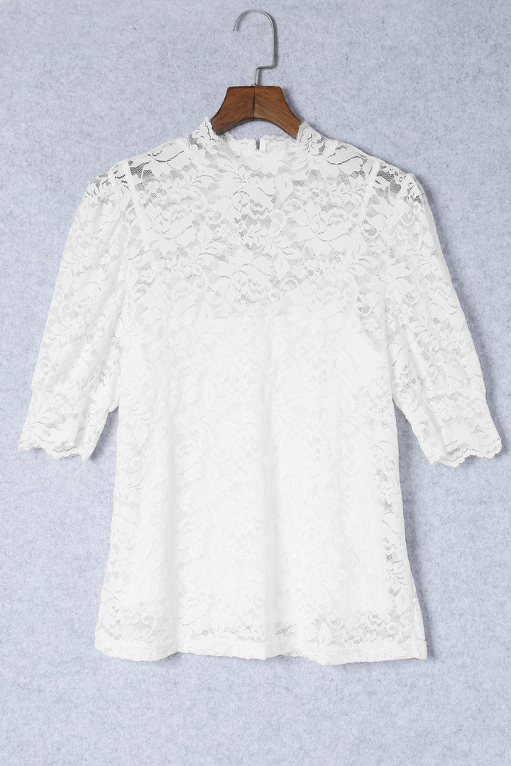 White High Neck Lace Short Sleeve 2PC Blouse