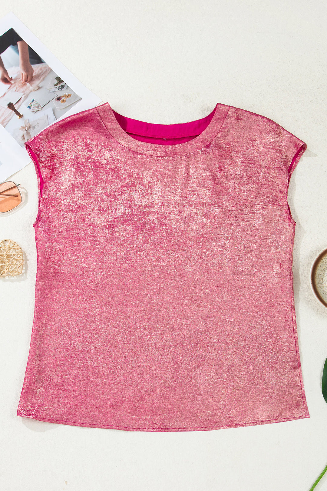 Metallic Round Neck Cap Sleeve Tee