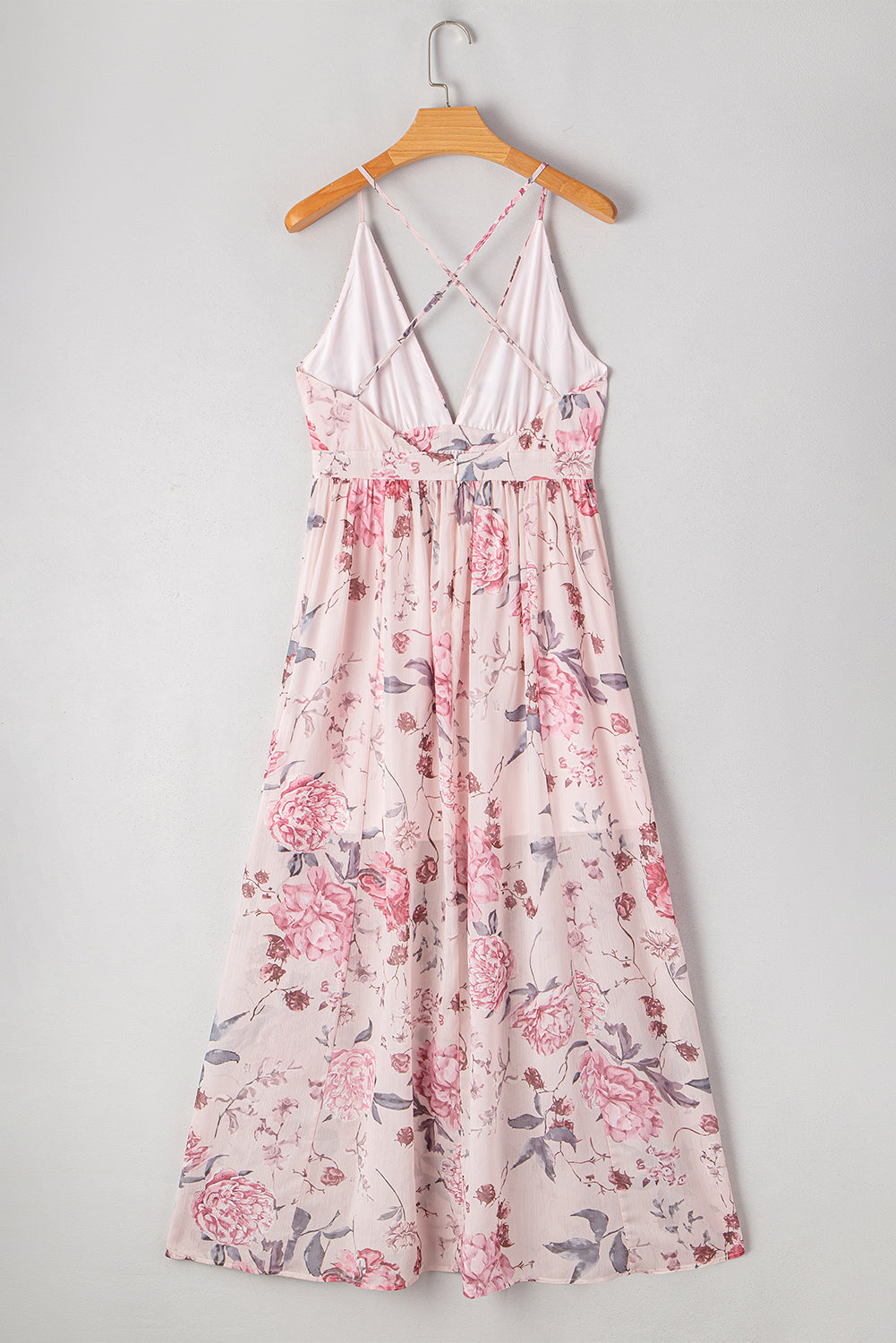 Floral Pleated Bust Deep V Empire Waist Backless Maxi Dress
