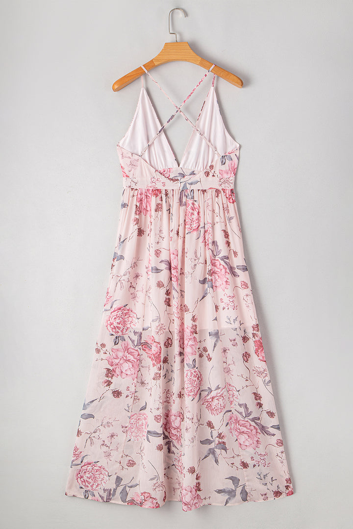 Floral Pleated Bust Deep V Empire Waist Backless Maxi Dress