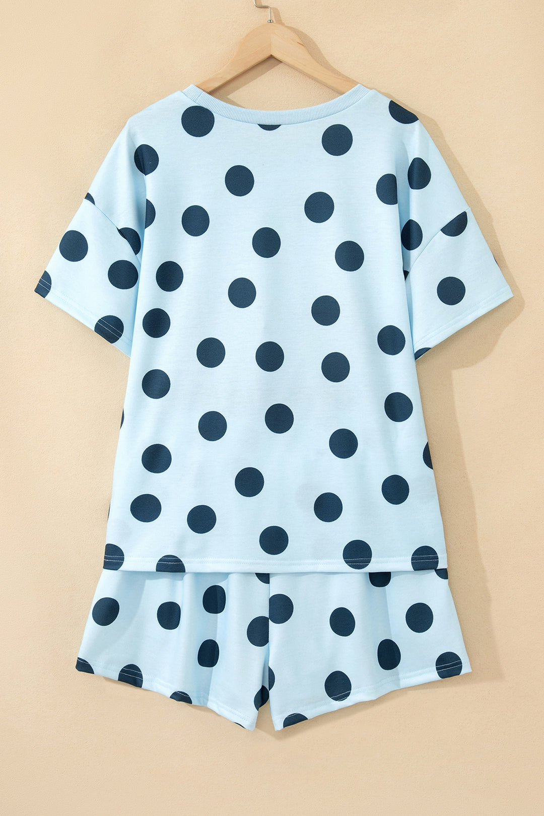 Sky Blue Polka Dot Print Loose Tee Drawstring Elastic Waist Short Set
