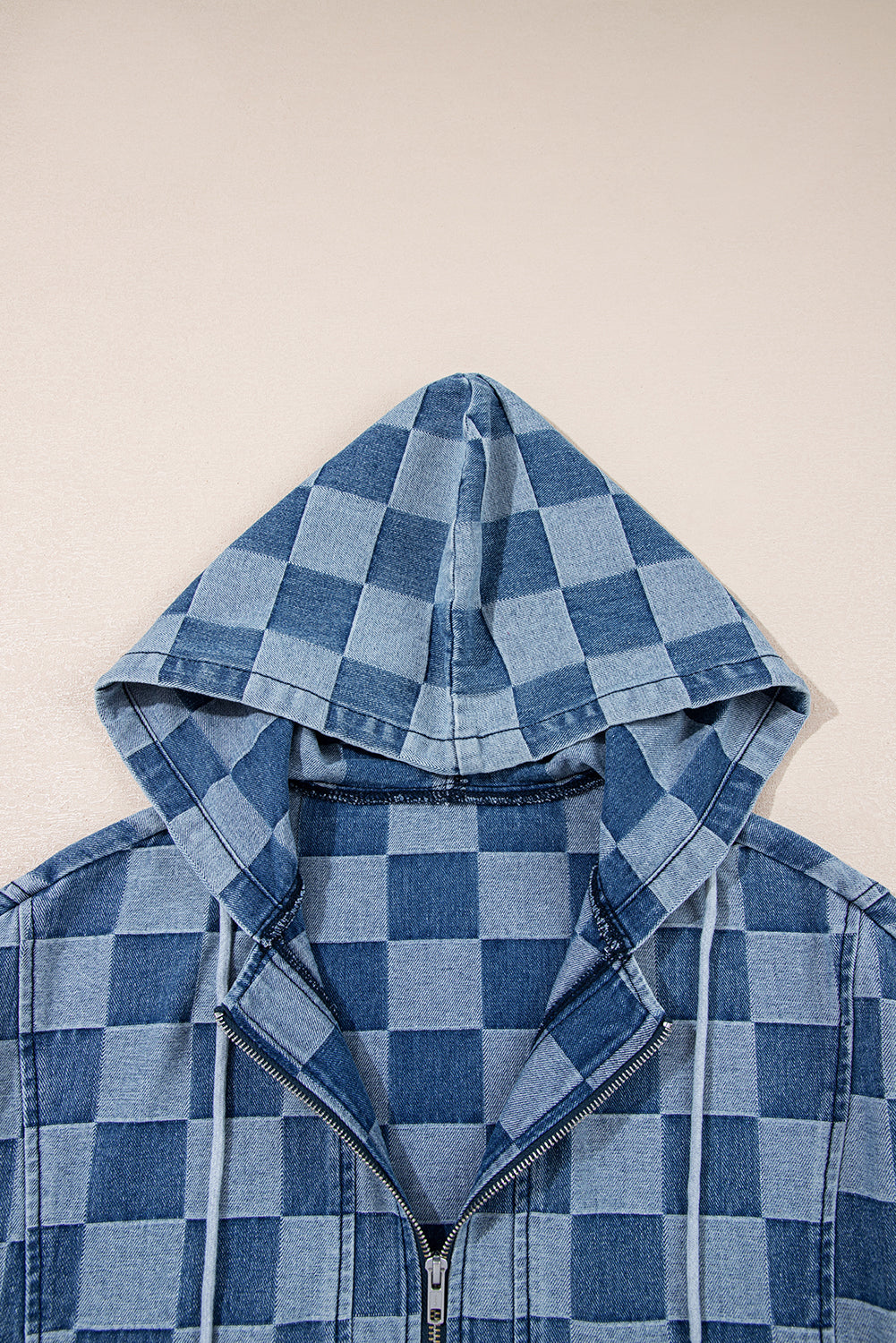 Checkerboard Zipped Neck Kangaroo Pocket Denim Hoodie