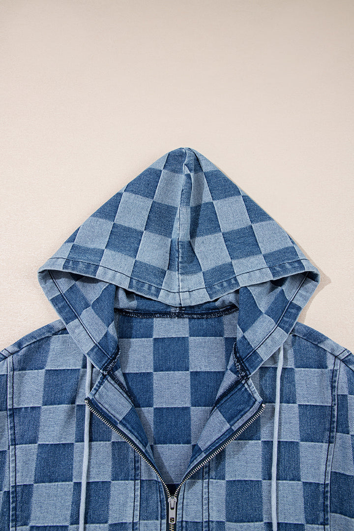 Checkerboard Zipped Neck Kangaroo Pocket Denim Hoodie