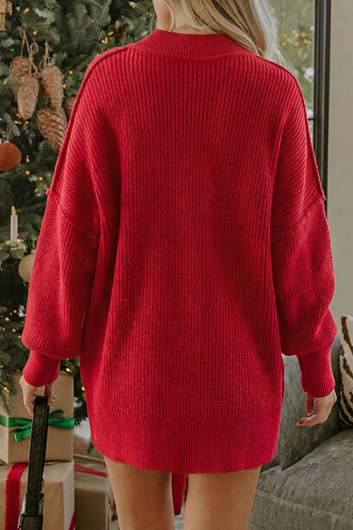 Red Dahlia Ribbed Knit Stand Neck Regular Fit Pullover Sweater