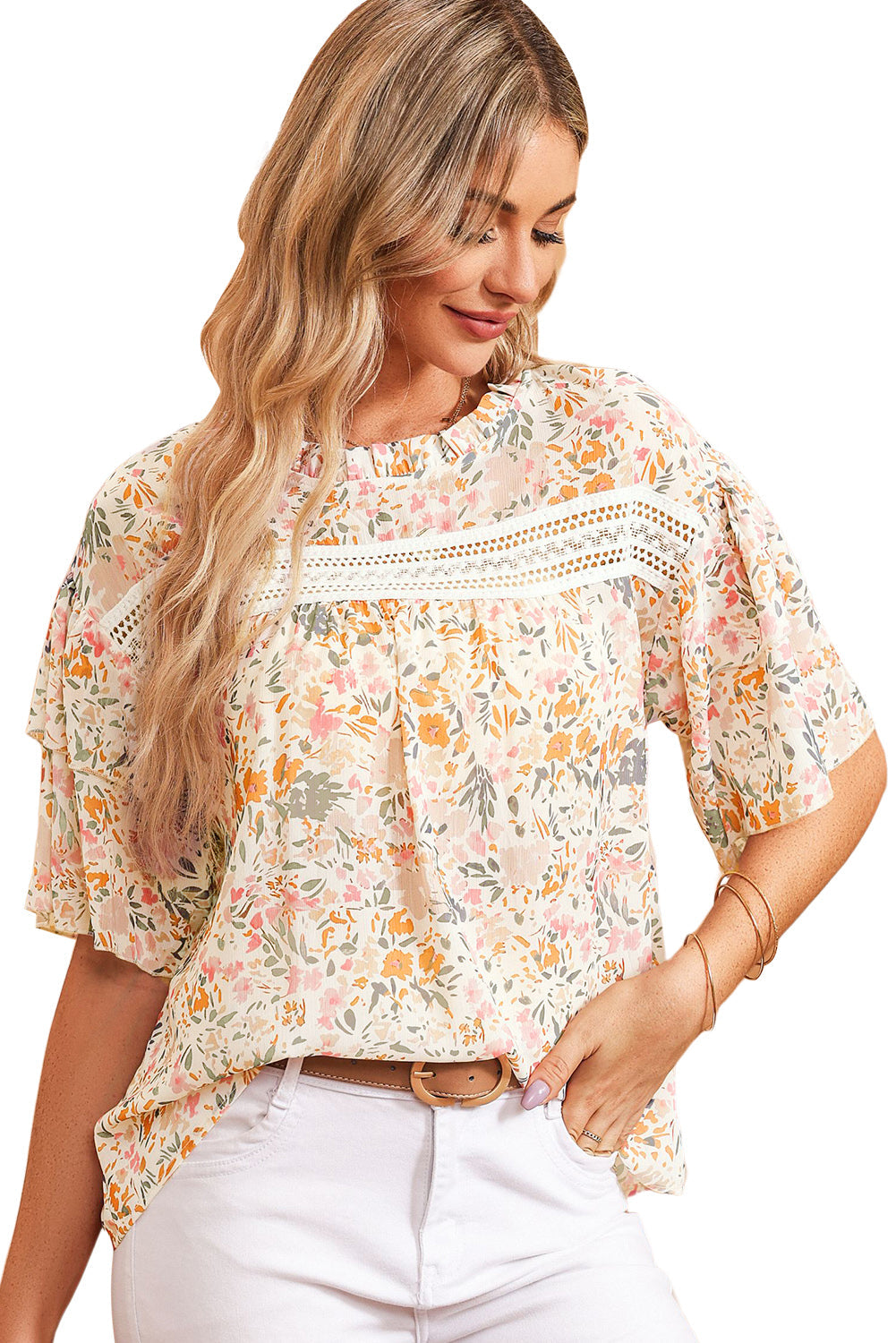 Multicolor Floral Print Wide Ruffle Sleeves Blouse
