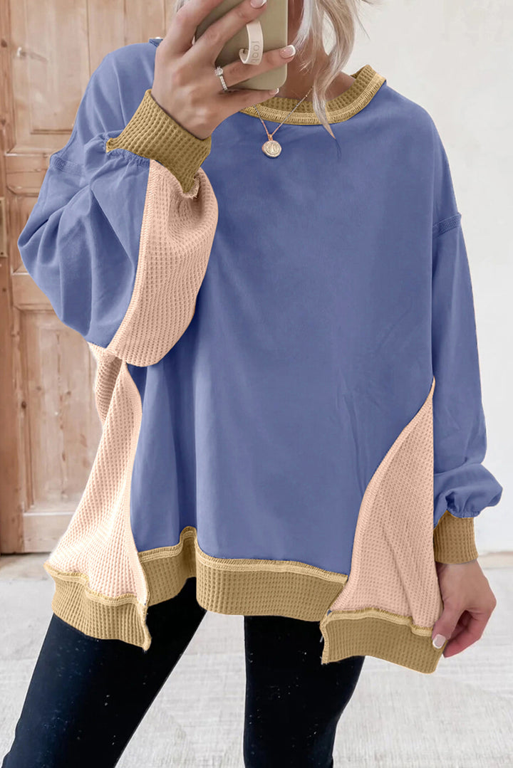 Wild Wind Color Block Mix Texture Waffle Patchwork Oversize Sweatshirt