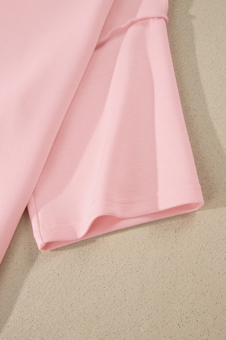 Light Pink Solid Color Exposed Seam Mock Neck Oversize Tee Casual Shorts 2pcs Outfit