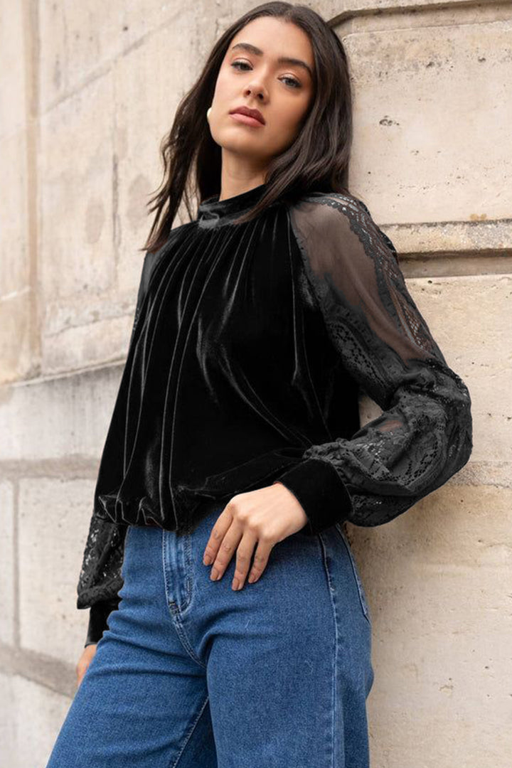 Black Sheer Lace Long Sleeve Patchwork Stand Neck Velvet Blouse