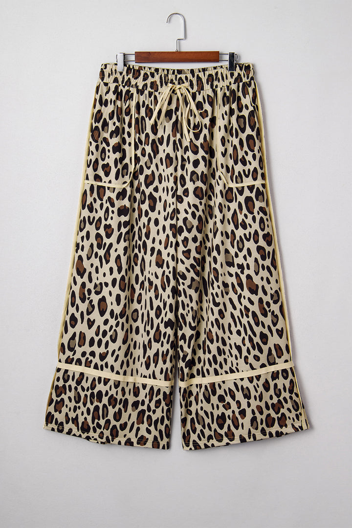 Khaki Exposed Seam Patched Pocket Plus Size Drawstring Leopard Wide Leg Pants