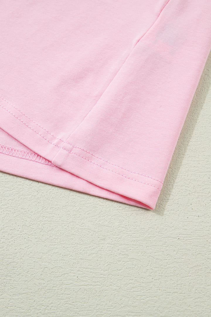Pink Colorblock Flutter Sleeve Round Neck T Shirt