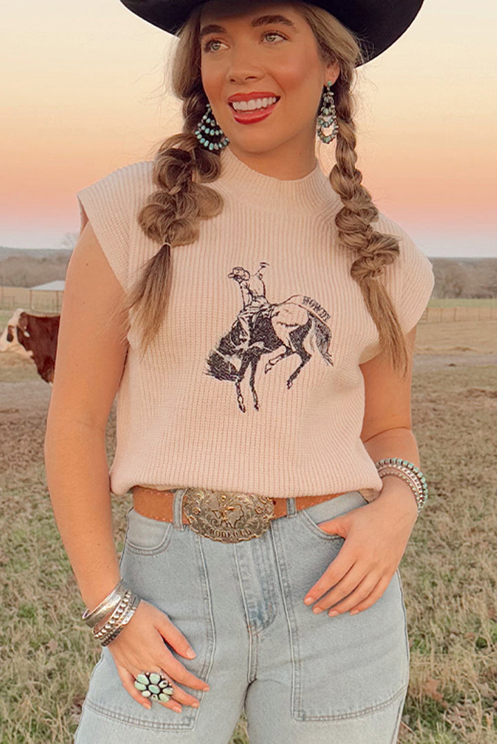 HOWDY Rodeo Cowboy Graphic High Neck Short Sleeve Sweater