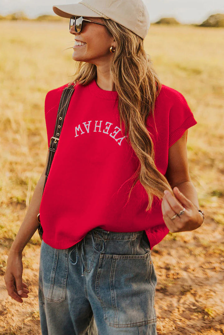 YEEHAW Embroidered Letter Loose Short Sleeve Sweater