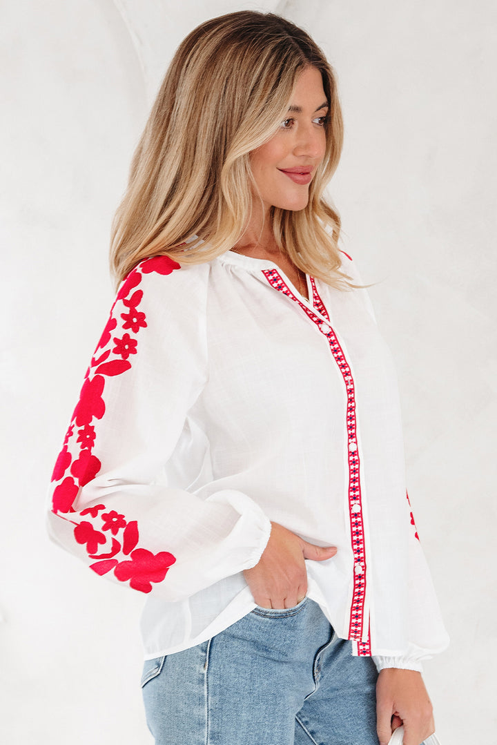 Floral Embroidered Puff Long Sleeve Casual Shirt