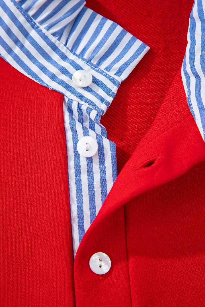 Fiery Red Contrast Striped Collar Patchwork Puff Sleeve Ruffle Hem Mini Dress