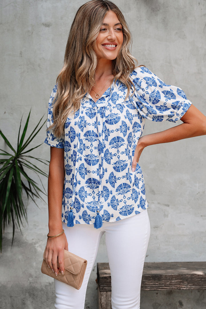 Geometric Print Tassel Drawstring V Neck Blouse