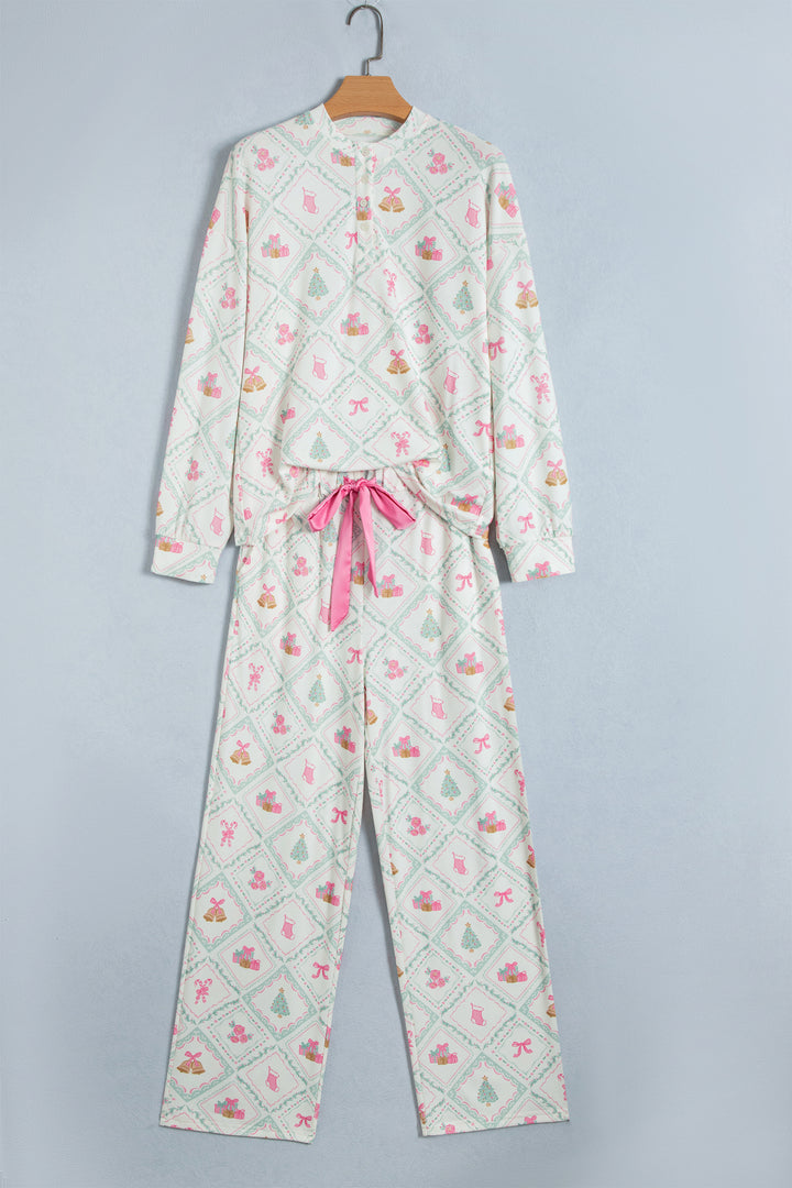 White Long Sleeve Patchwork Shift Christmas Daily Wear Lounge Set