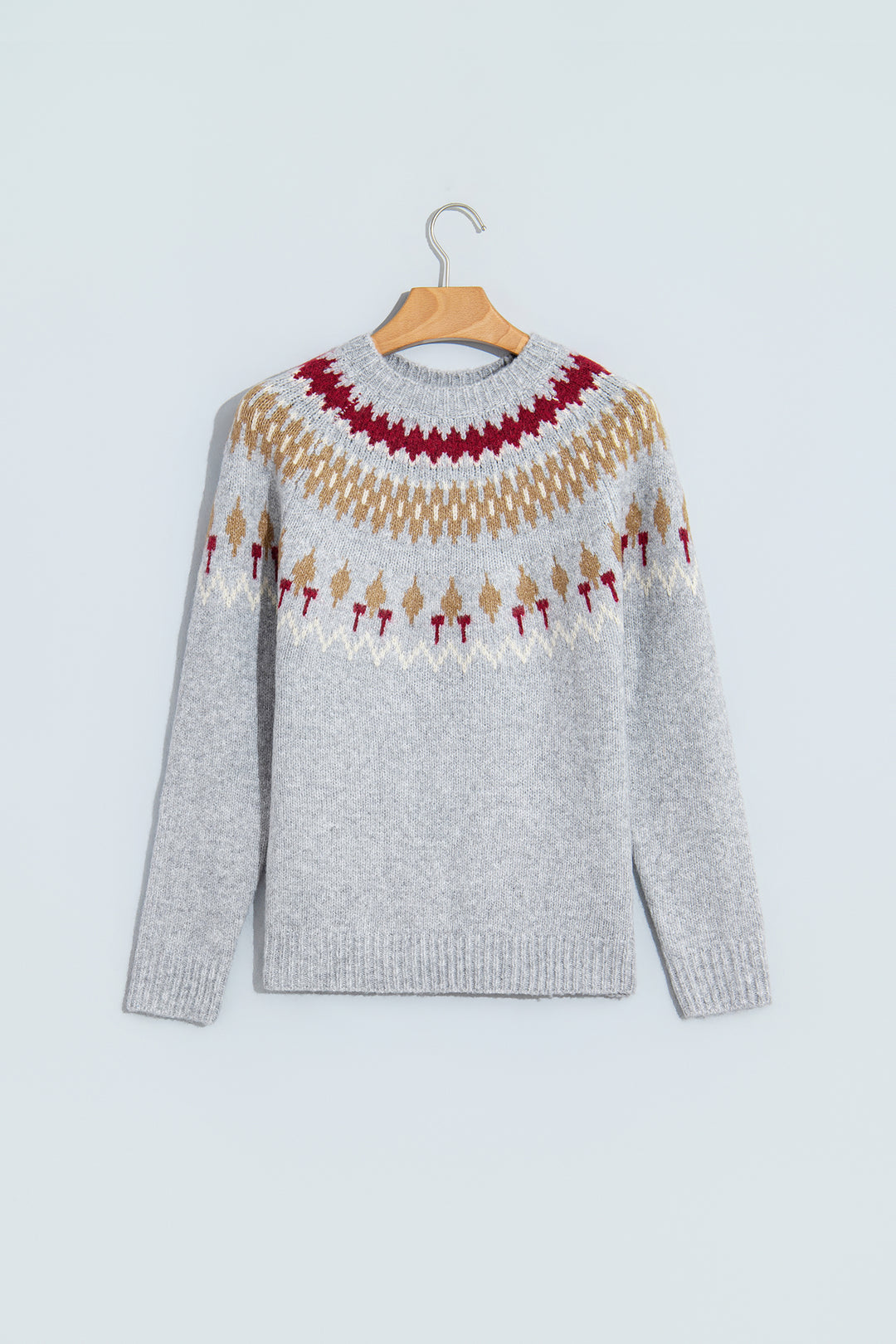 Gray Geometric Detail Round Neck Winter Sweater