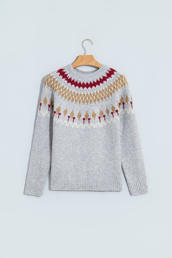 Gray Geometric Detail Round Neck Winter Sweater