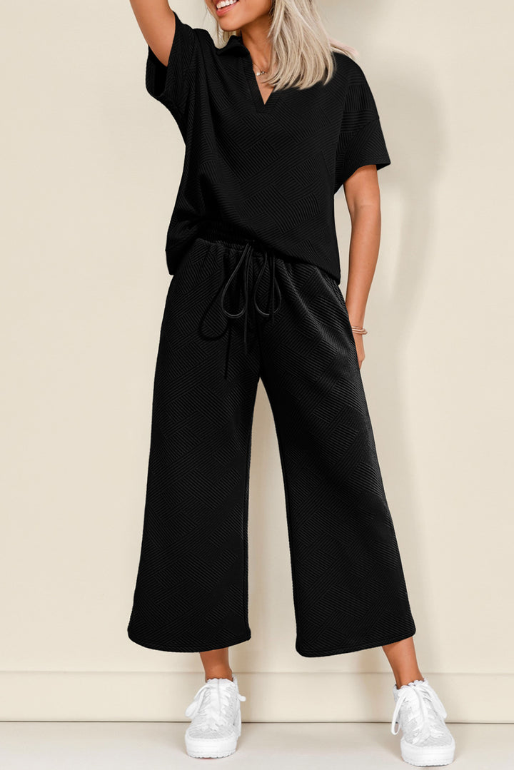 Black Stylish Textured Loose Fit T Shirt and Drawstring Pants Set