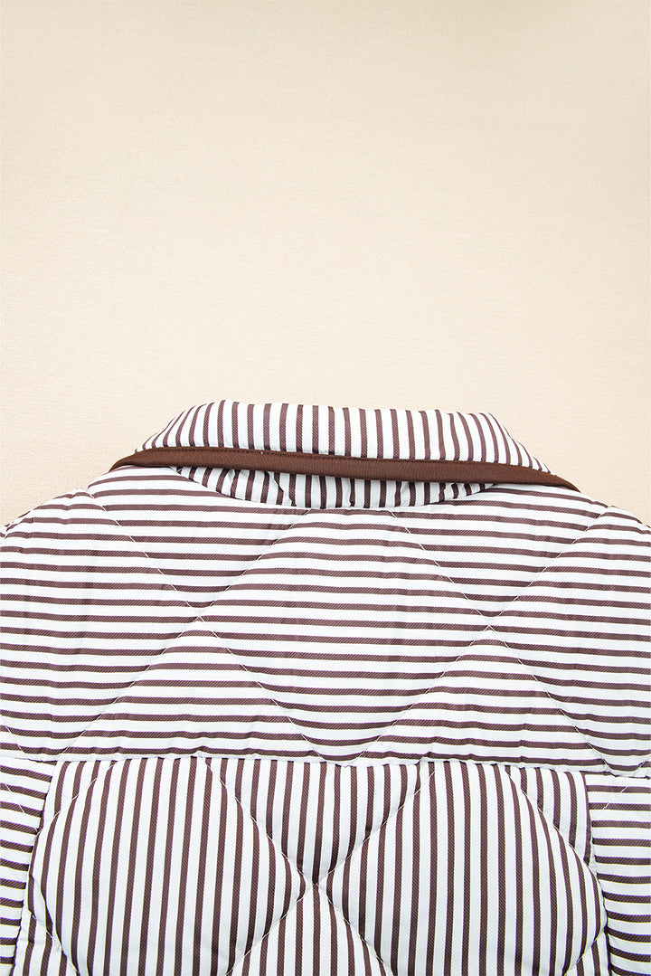 Brown Stripe Contrast Trim Snap Button Collared Winter Vest