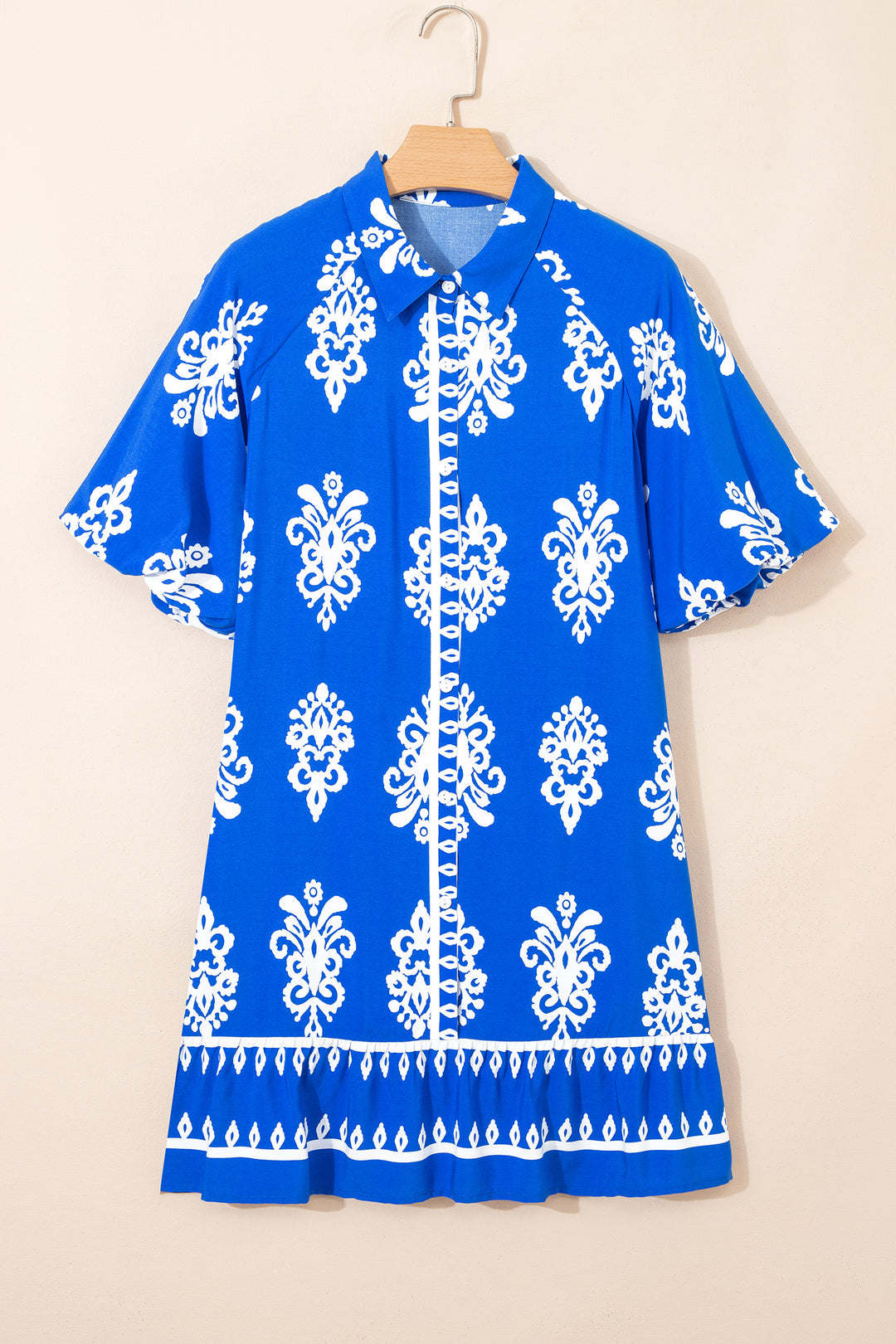 Blue Ethnic Geometric Print Short Puff Sleeve Mini Dress