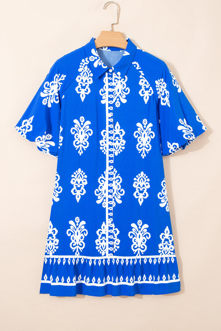 Blue Ethnic Geometric Print Short Puff Sleeve Mini Dress