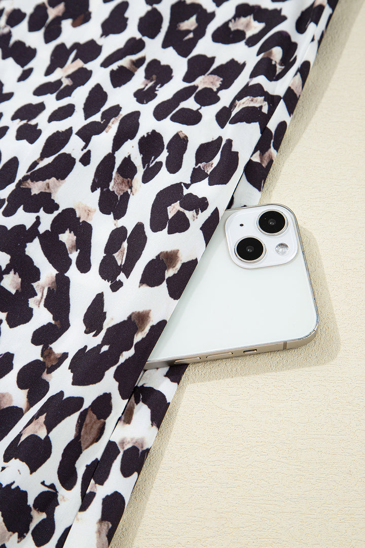 Button Striped Collar Leopard Print Long Sleeve Flared Dress