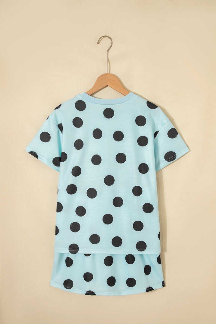 Sky Blue Polka Dot Short Sleeve Top Casual Skort 2pcs Outfit