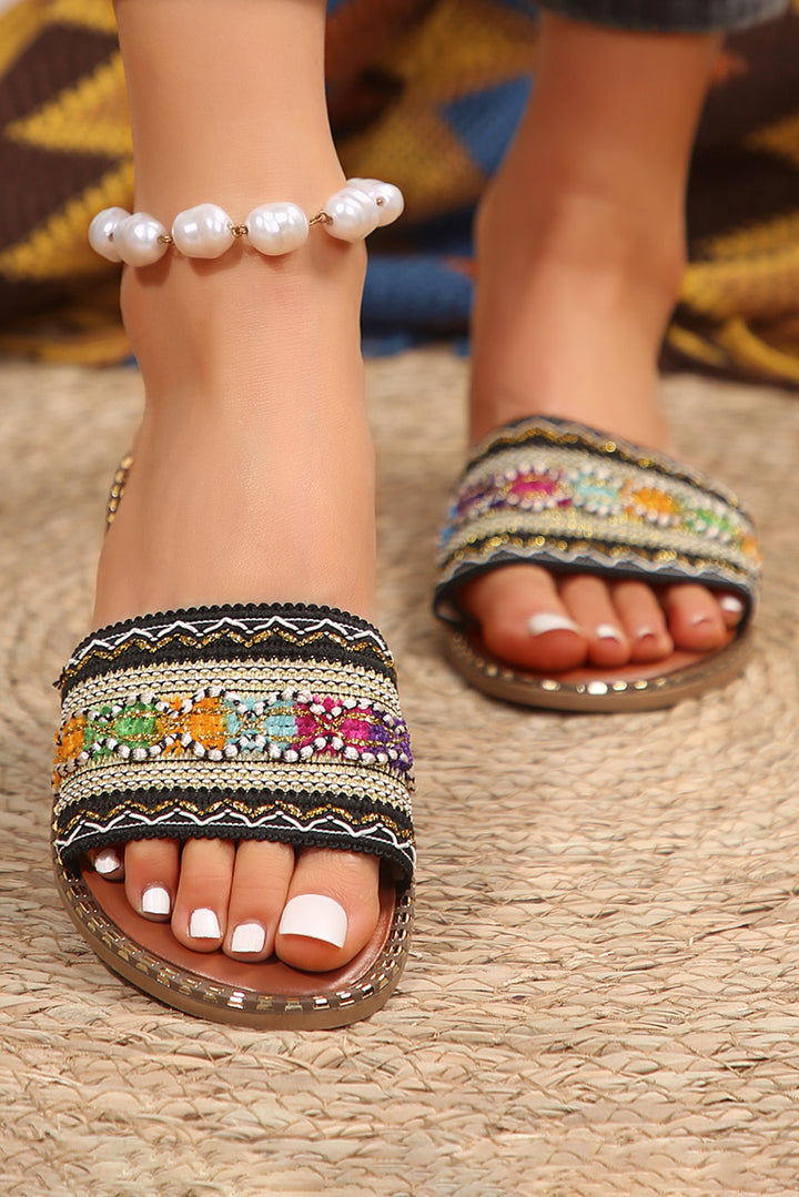 Bohemian Pattern Crochet Faux Leather Beach Slippers