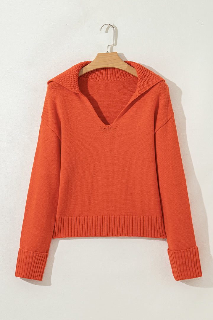Collared V Neck Ribbed Edge Sexy Elegant Sweater